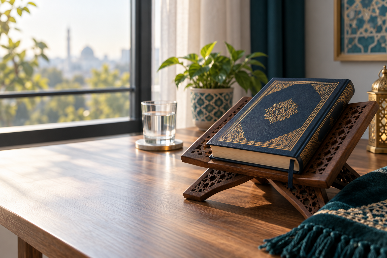 A closed Qur’an resting on a wooden stand in a softly lit room